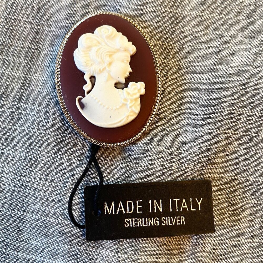 Italian Sterling Silver Burgundy Cameo Brooch with White Relief